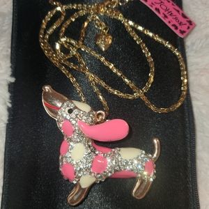 Betsey Johnson DACHSHUND  Weiner Dog Necklace PINK Enamel GOLD  ADORABLE